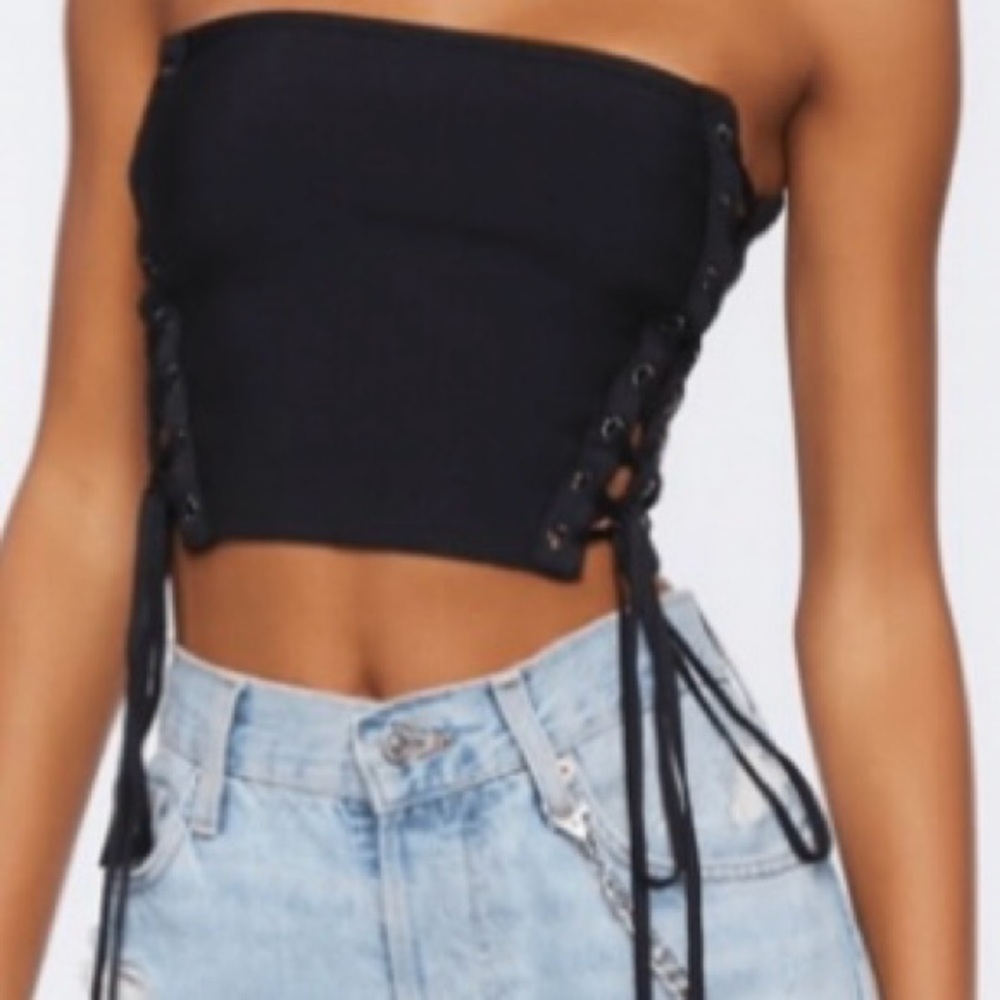 NWTS Forever 21 Black Bandage Lace Up Strapless Crop Top Size XS
